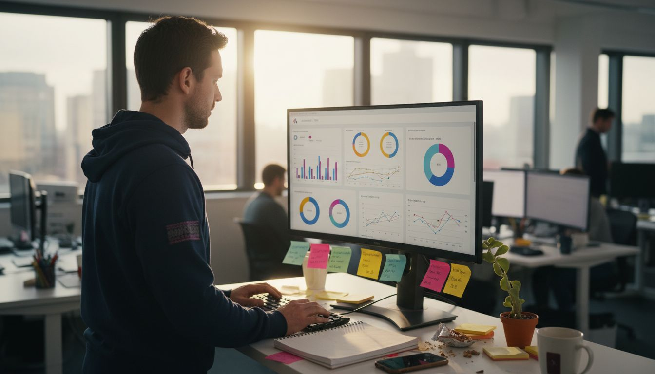 Analyst using customer experience dashboard in office