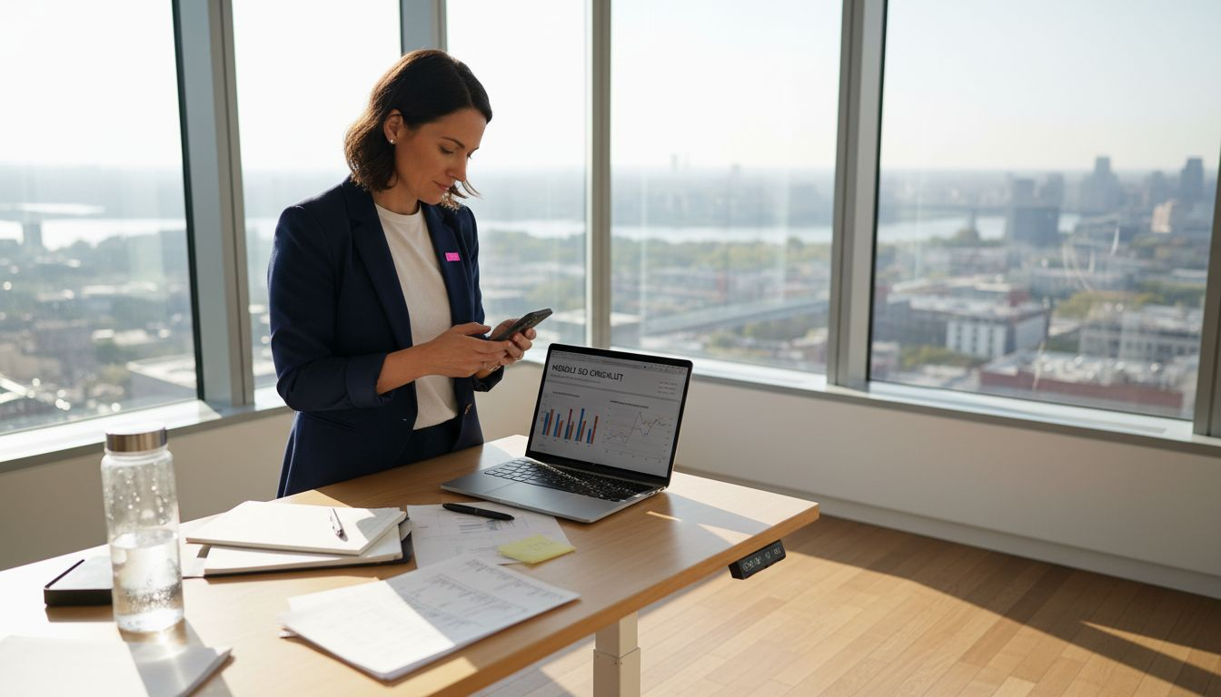 Manager viewing mobile SEO checklist in office