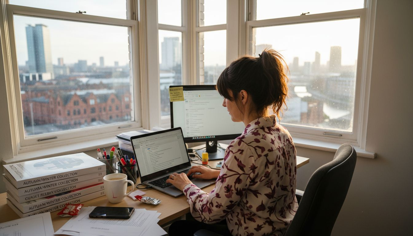 Marketer working on ecommerce email campaign at desk