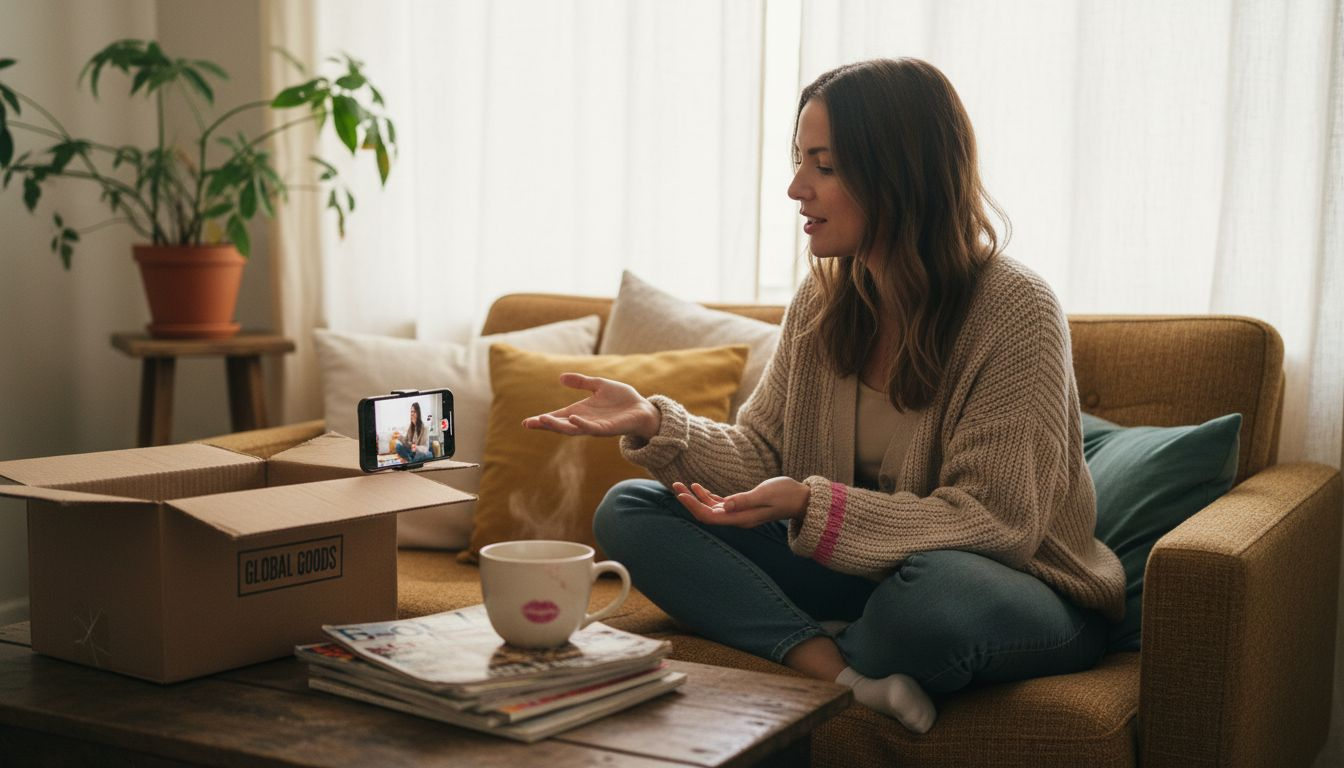 Micro-influencer recording product review at home
