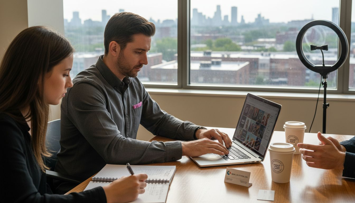Team in office brainstorming influencer outreach