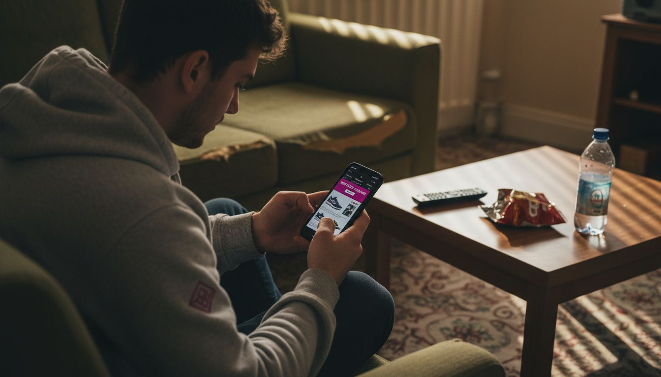 Shopper ignoring repetitive ad on phone