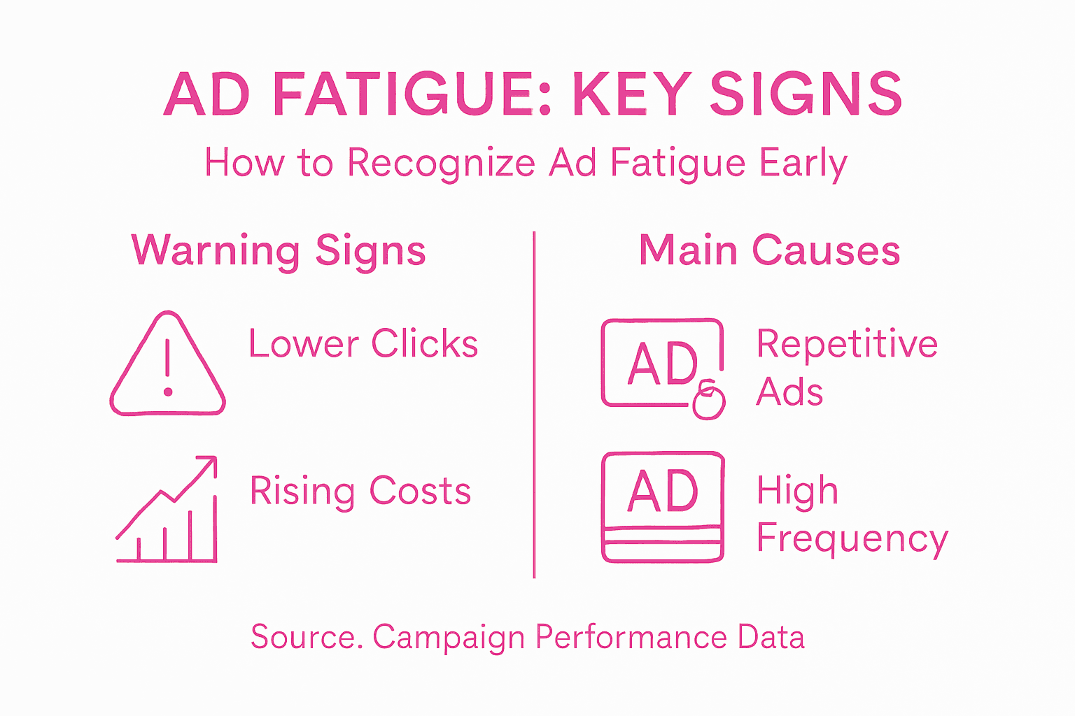 Infographic showing ad fatigue key signs and causes