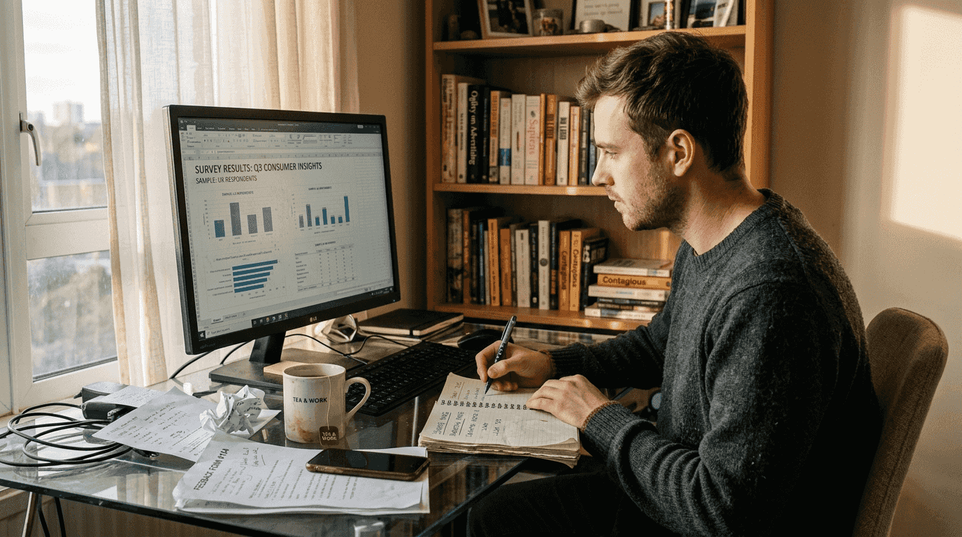 Ecommerce manager researching target audience at desk