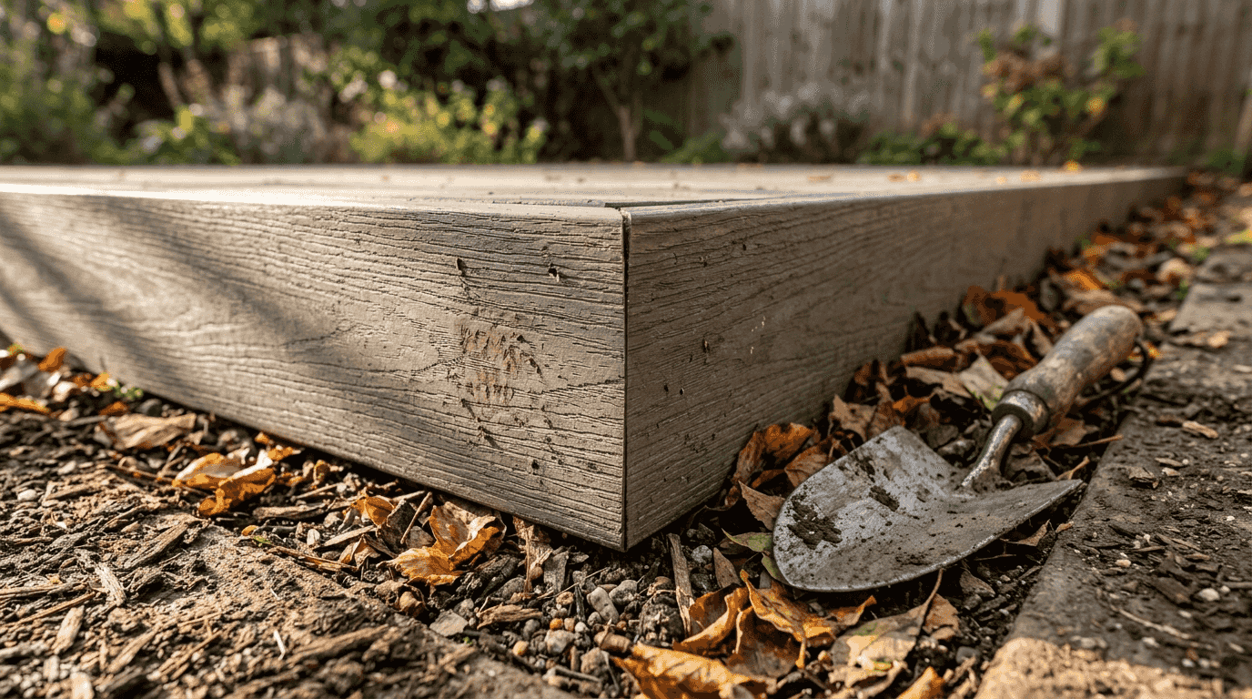 Weathered composite decking board close-up