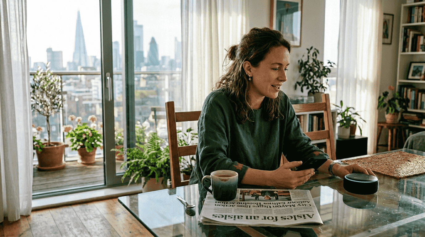 Woman using smart speaker for shopping