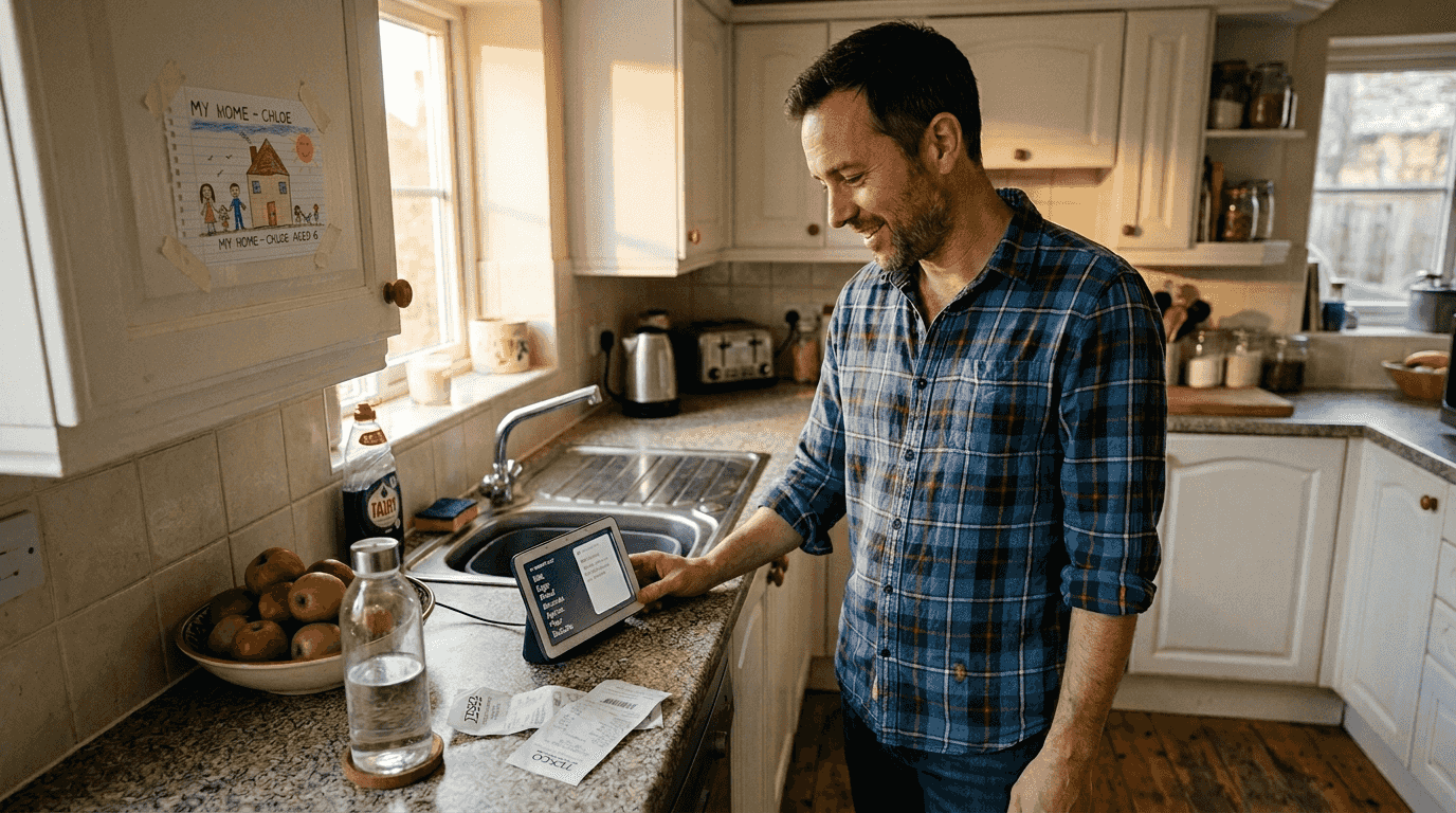 Man ordering groceries by voice at home