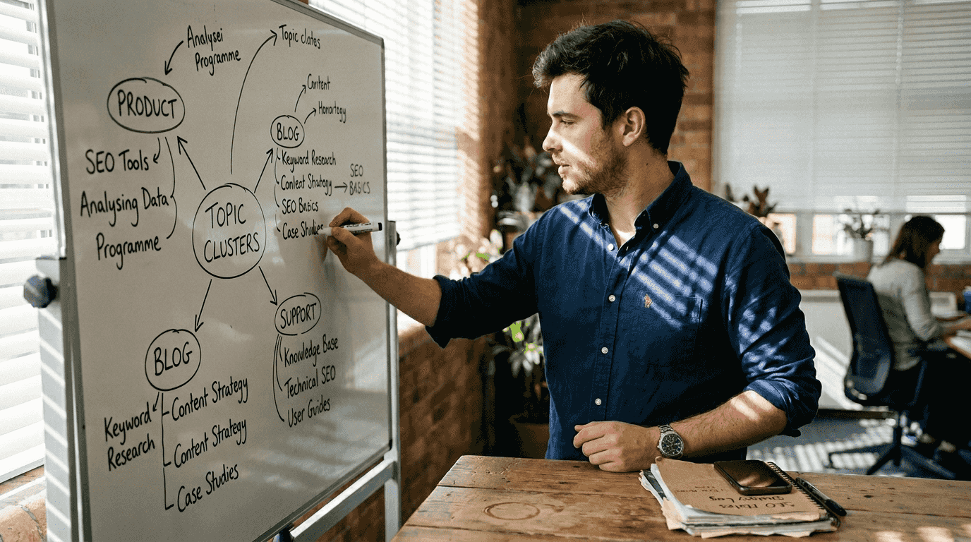 SEO specialist plans keyword concepts at whiteboard
