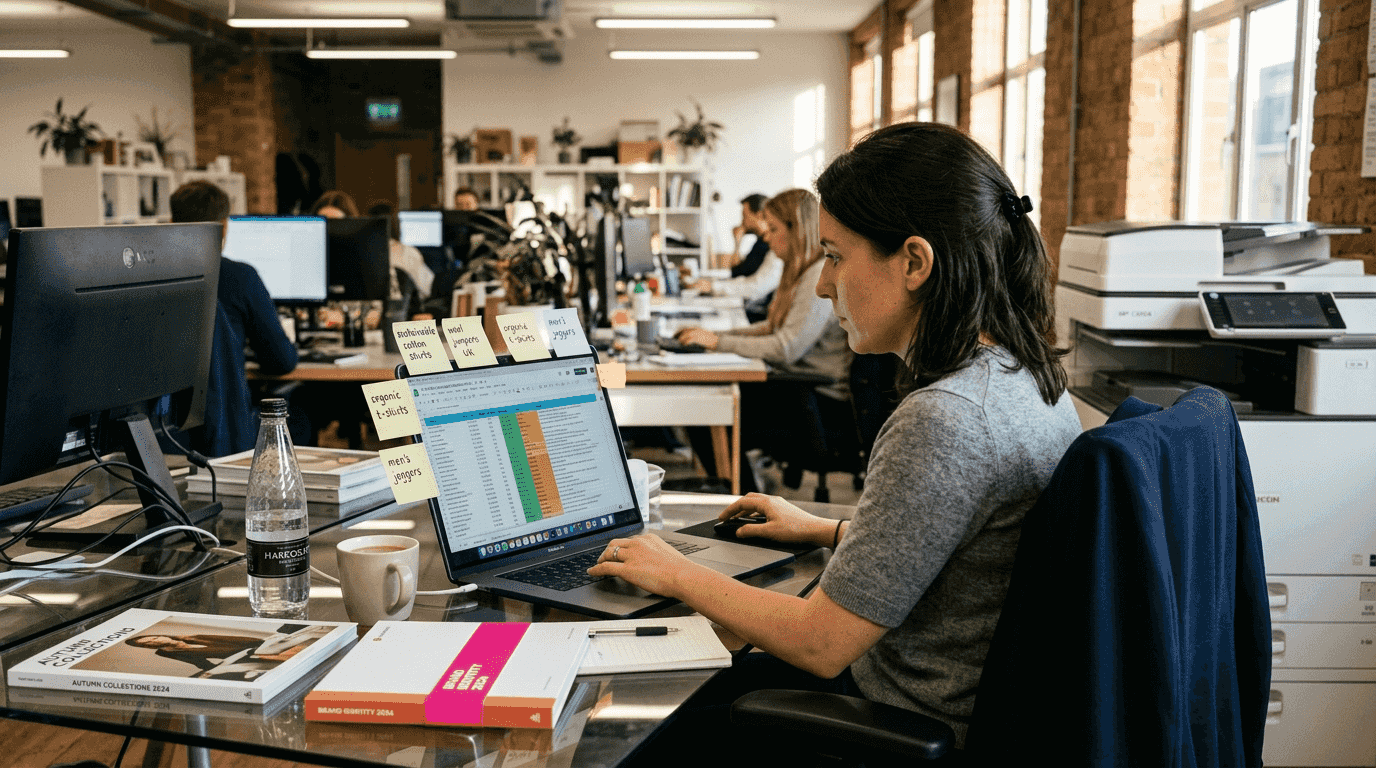 Woman reviewing ecommerce keyword mapping spreadsheet
