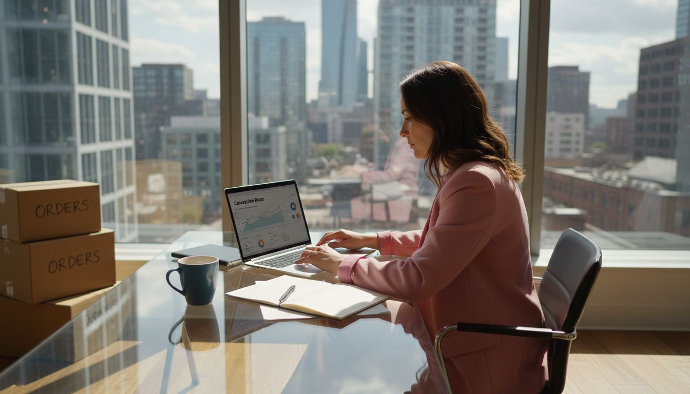 E-commerce owner checks conversion analytics