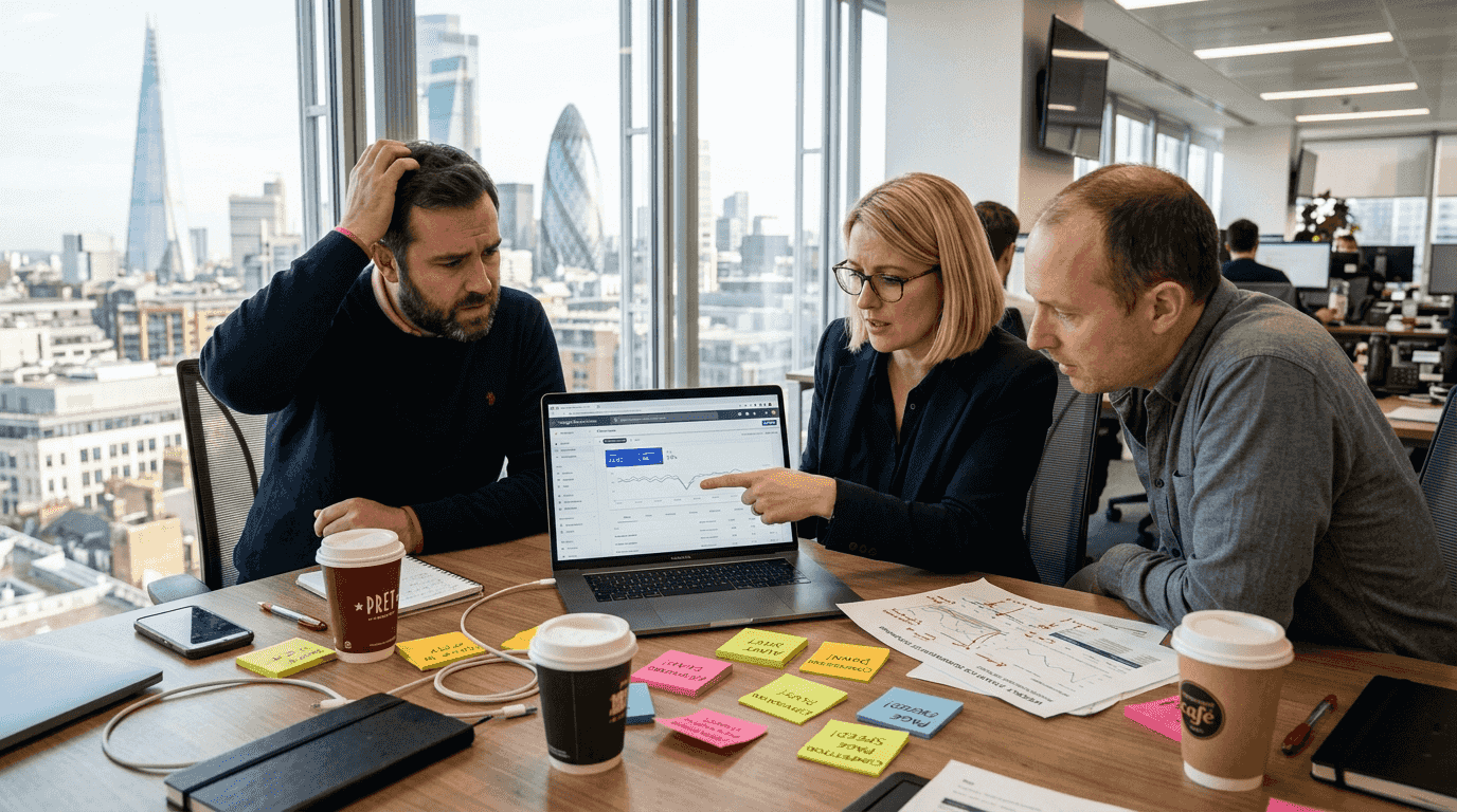 Team reviews website analytics for SEO issues