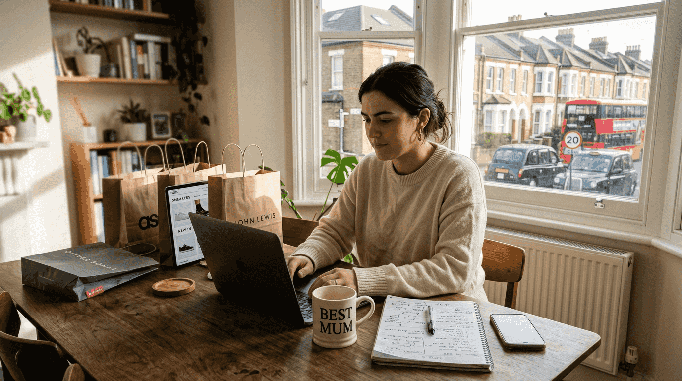 Woman shopping online in sunny London home