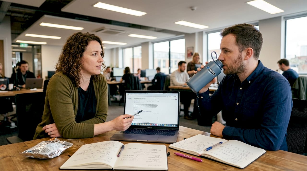 Coworkers discussing displayed zero click search results