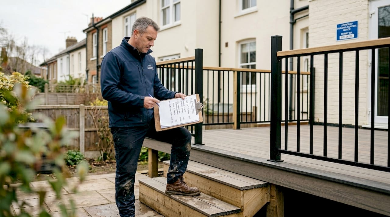 Building inspector reviewing UK deck plans