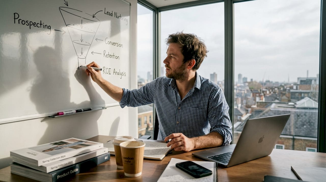 Manager planning ecommerce sales funnel on whiteboard