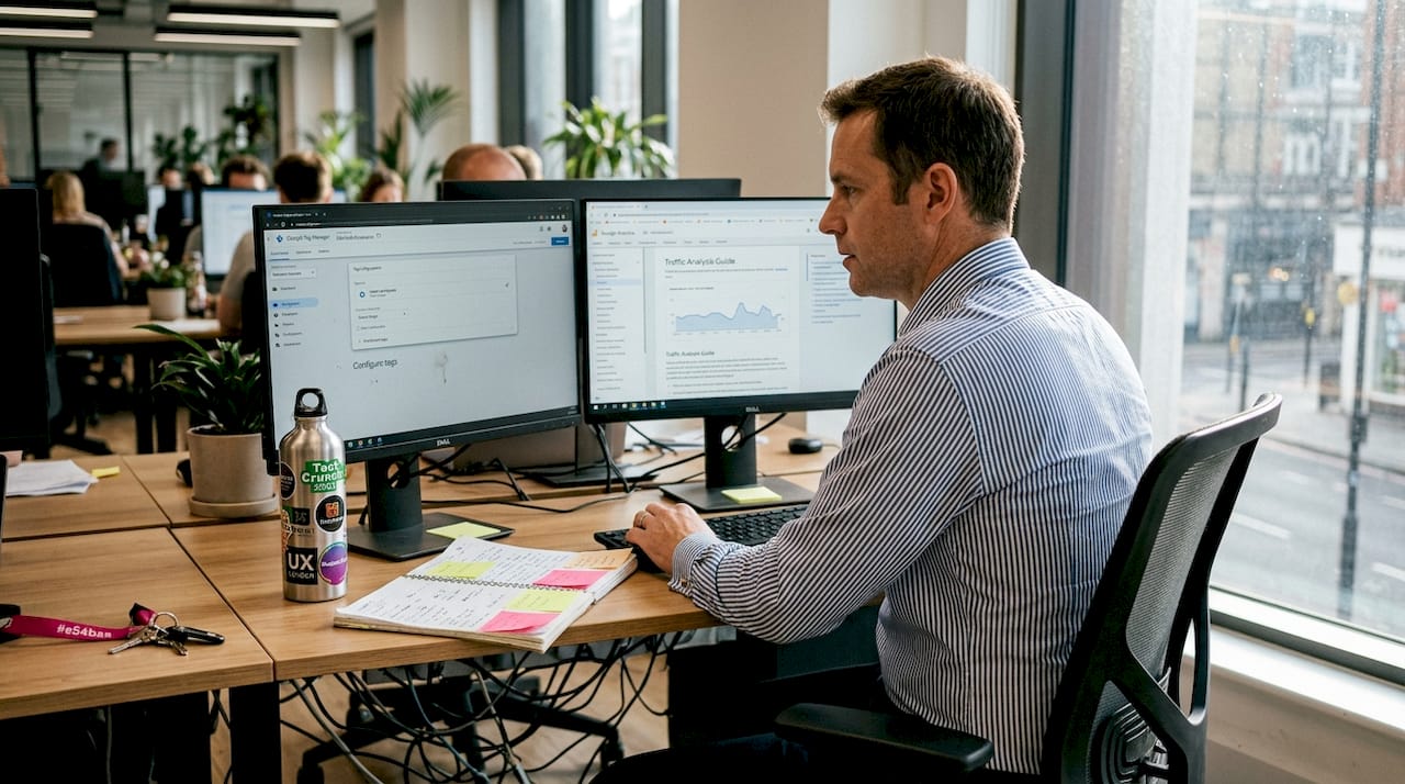 Professional updating GA4 setup on dual screens