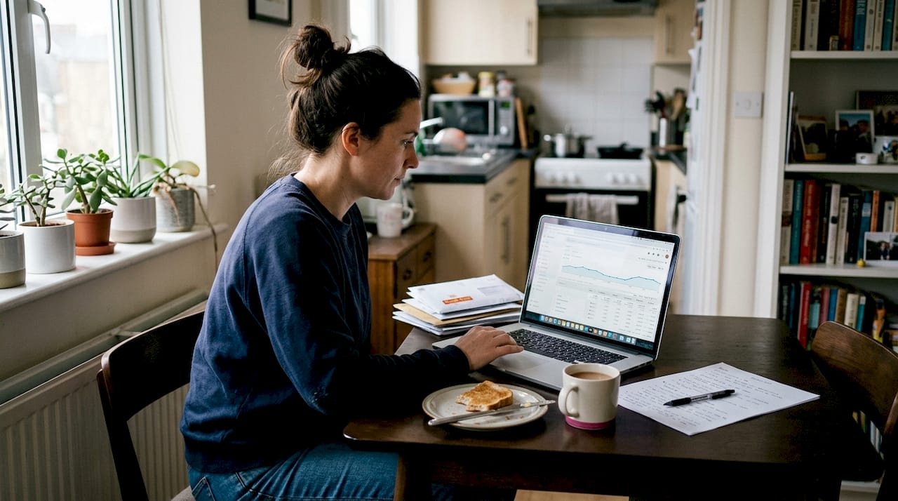 Ecommerce manager checking analytics at home table