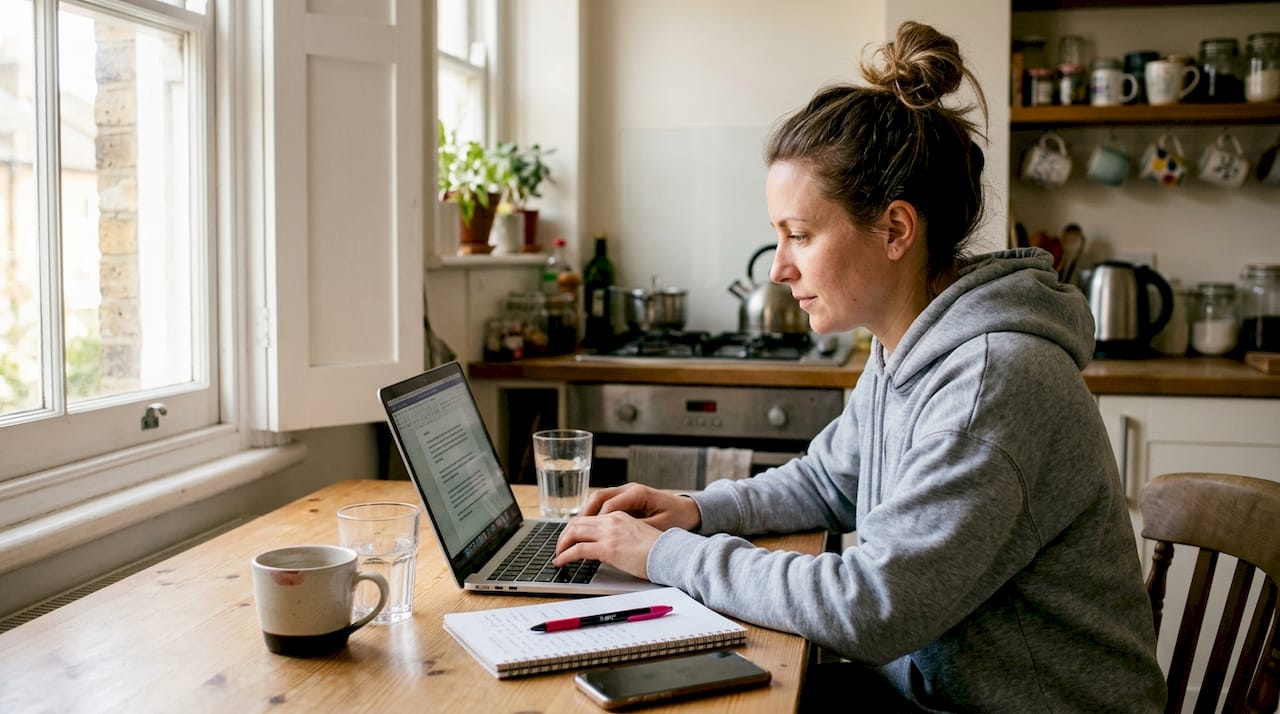 Woman writing ecommerce product descriptions at kitchen table
