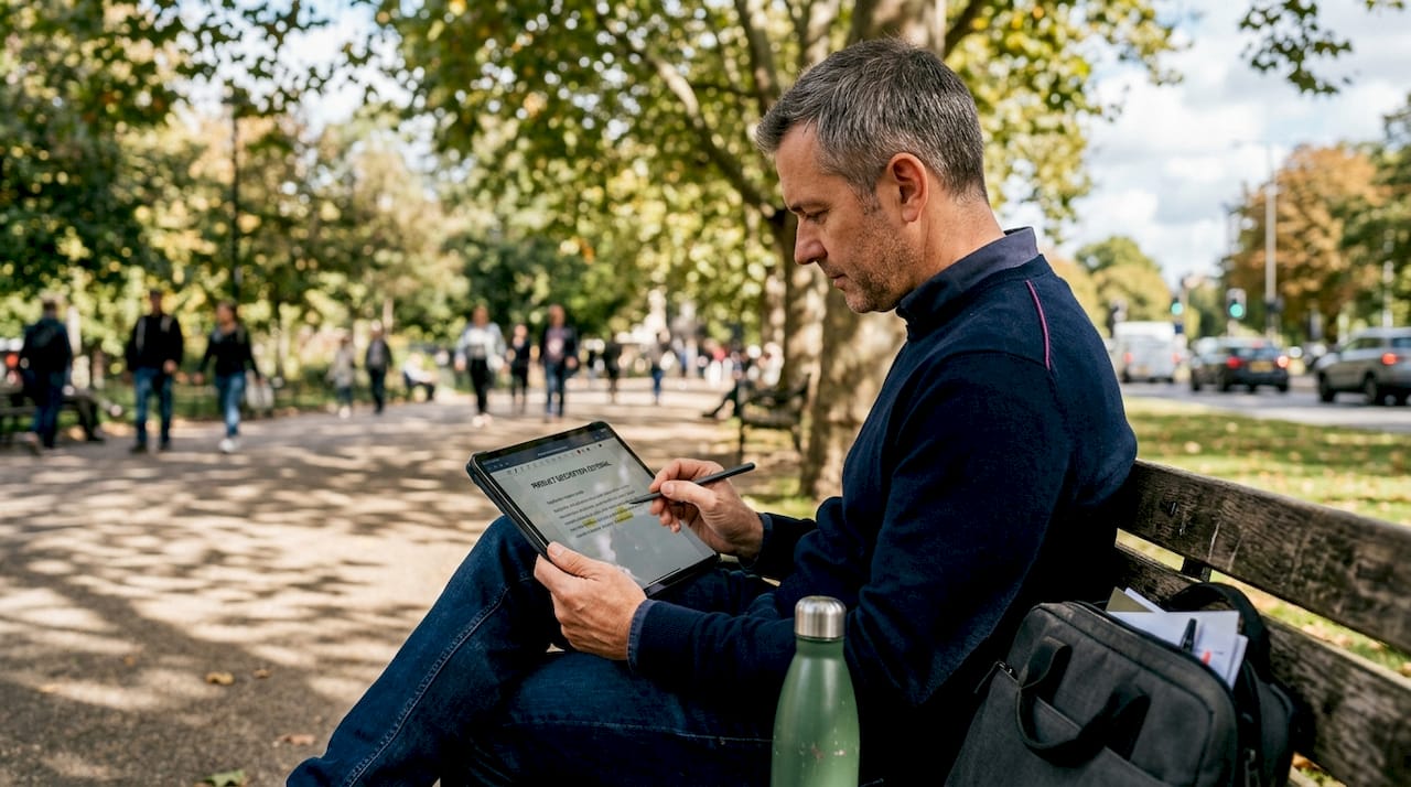 Man edits product descriptions on tablet outdoors