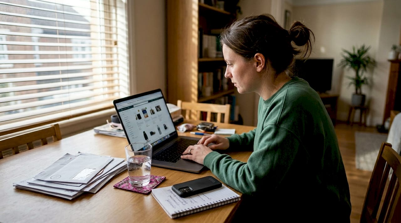 Woman browsing products in home workspace