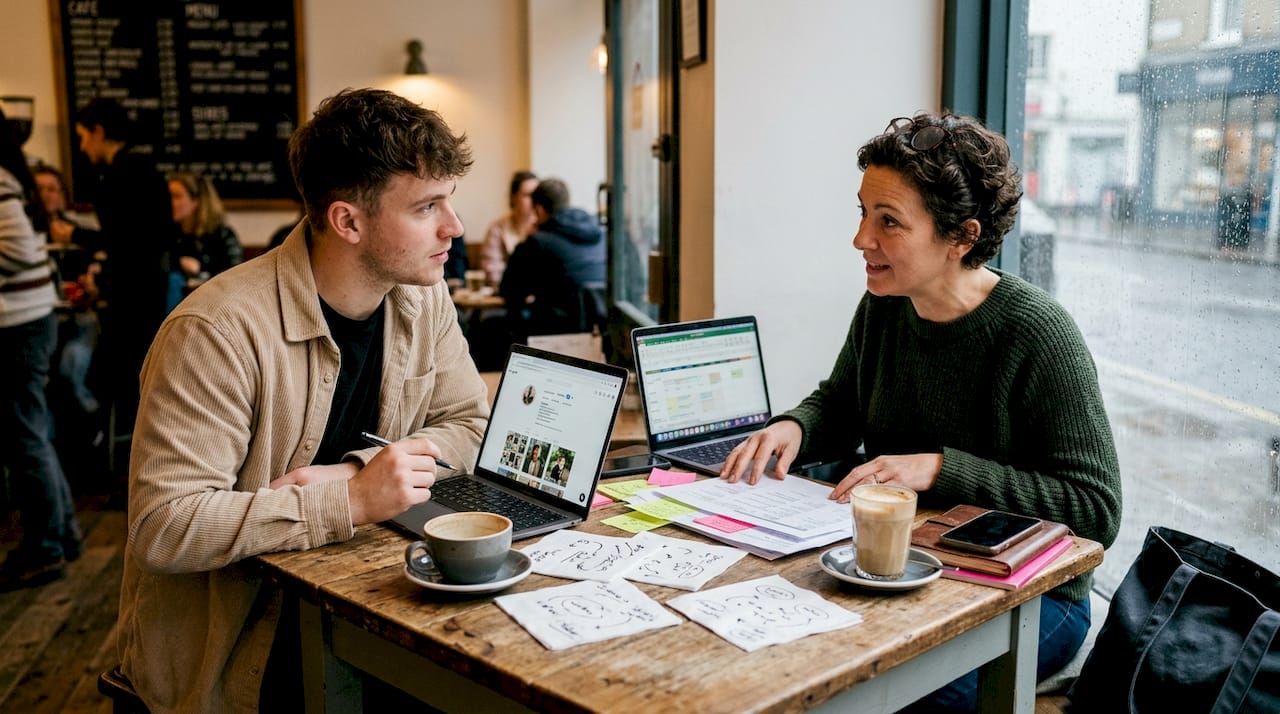 Brand manager and influencer collaborating in coffee shop