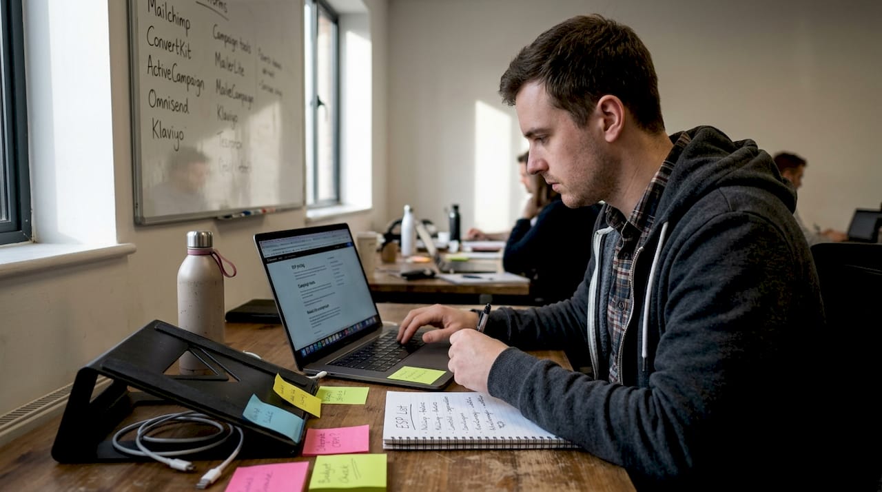 Man compares email platforms on coworking desk