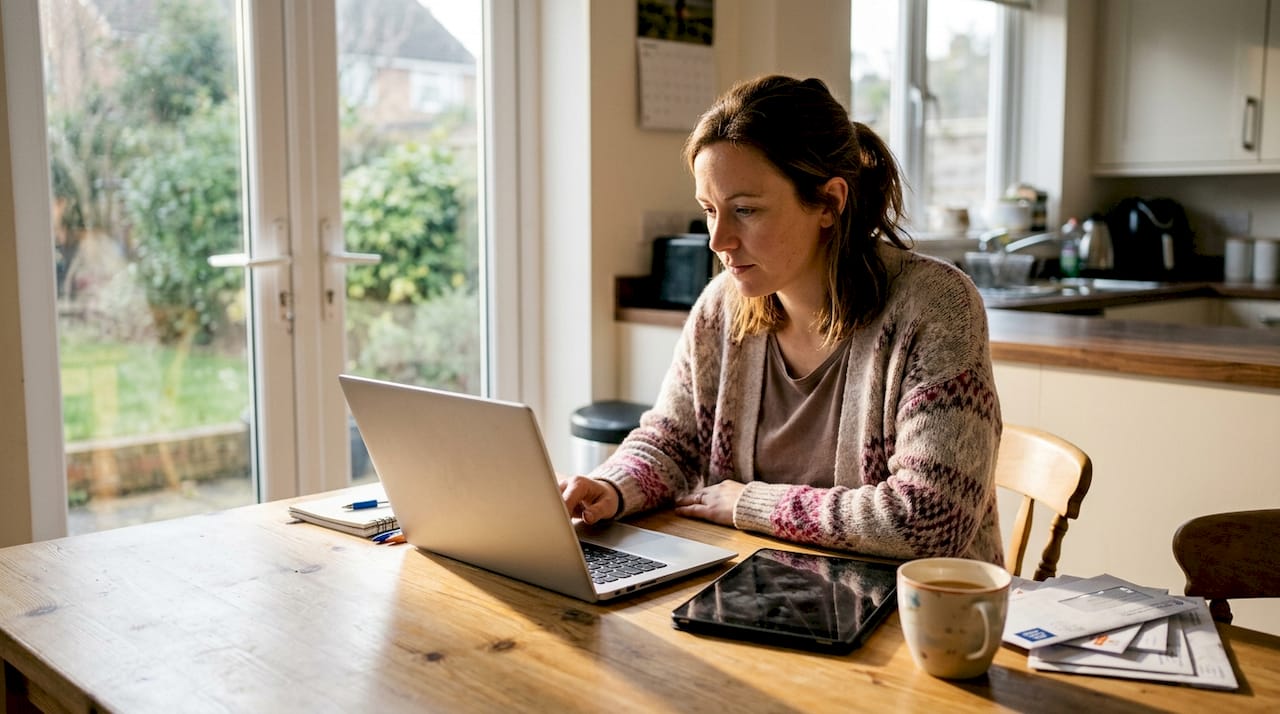 Woman reviews email marketing at kitchen table