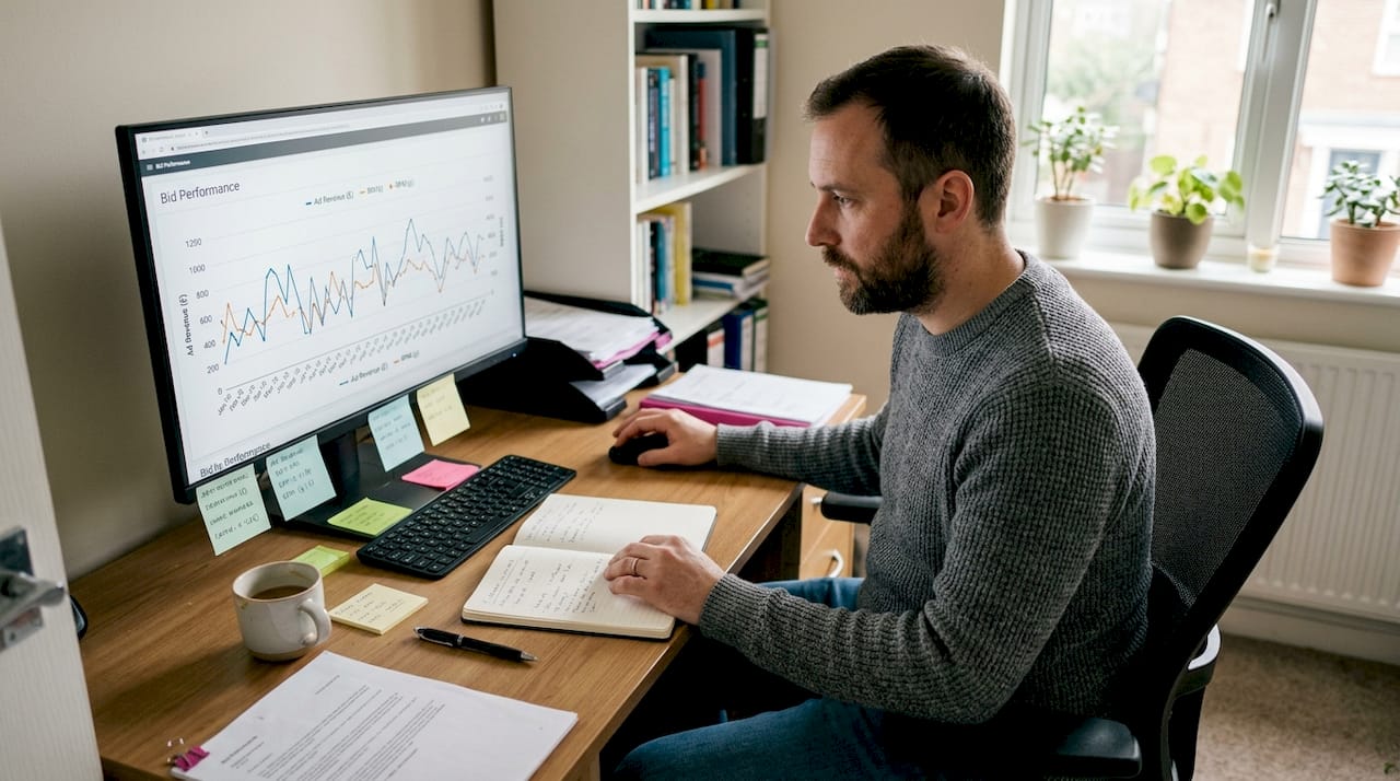 Digital marketer reviewing header bidding analytics