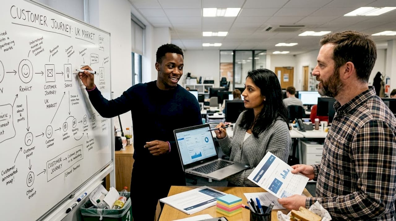 Team collaborating on journey map in office