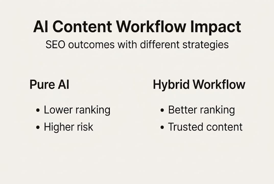 Infographic comparing AI and hybrid content workflow SEO results