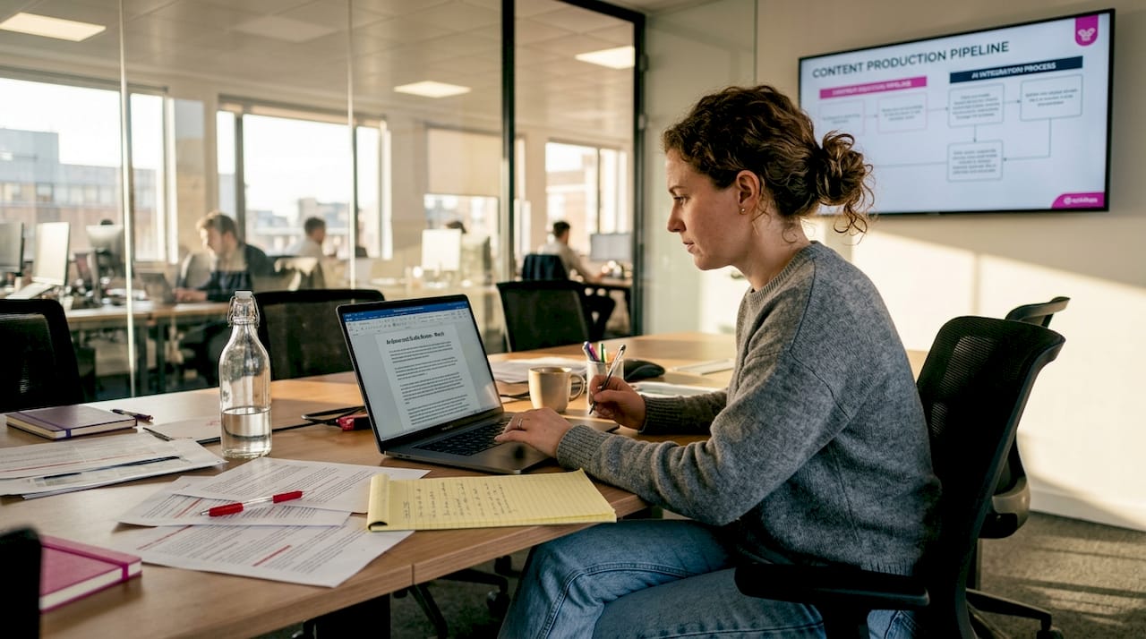 Content manager reviewing AI article drafts