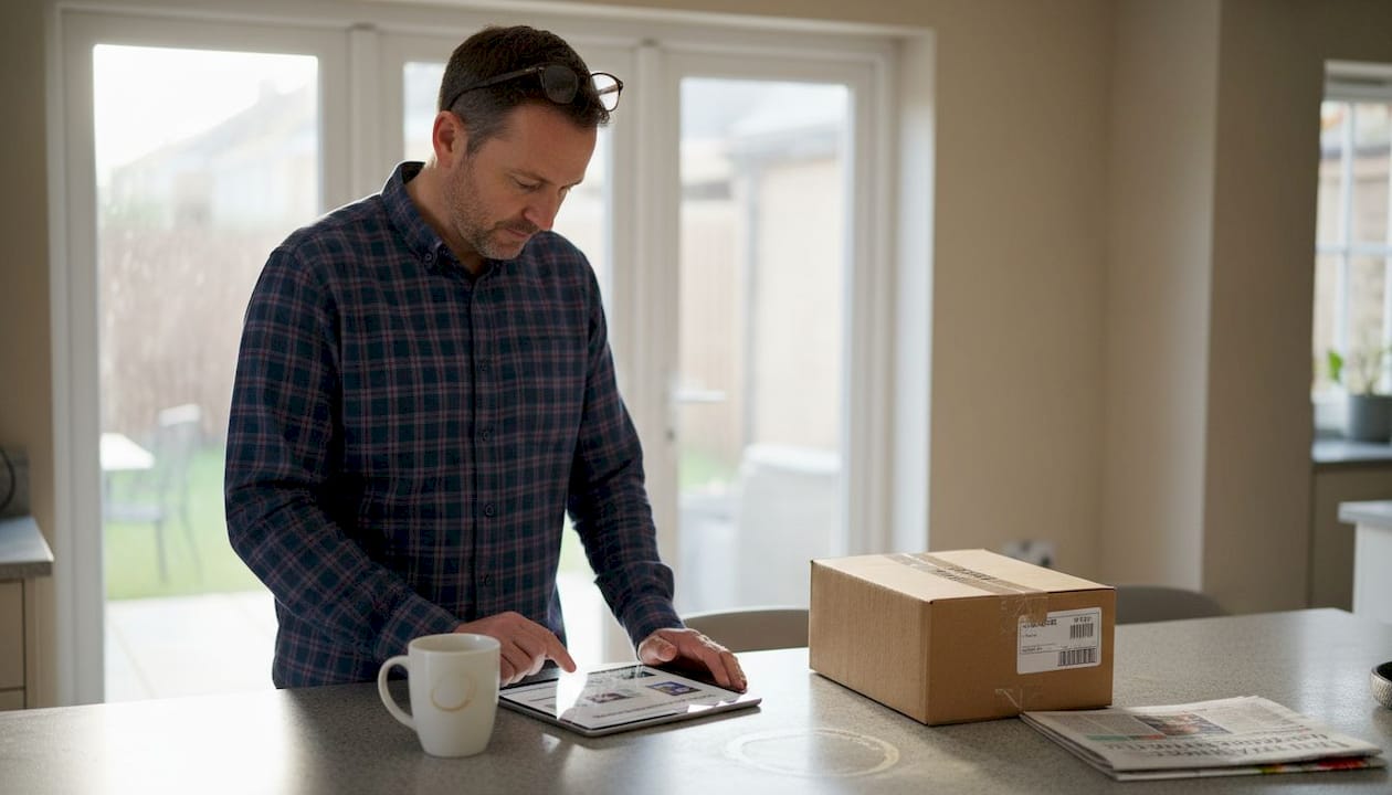 Customer reading online review in kitchen