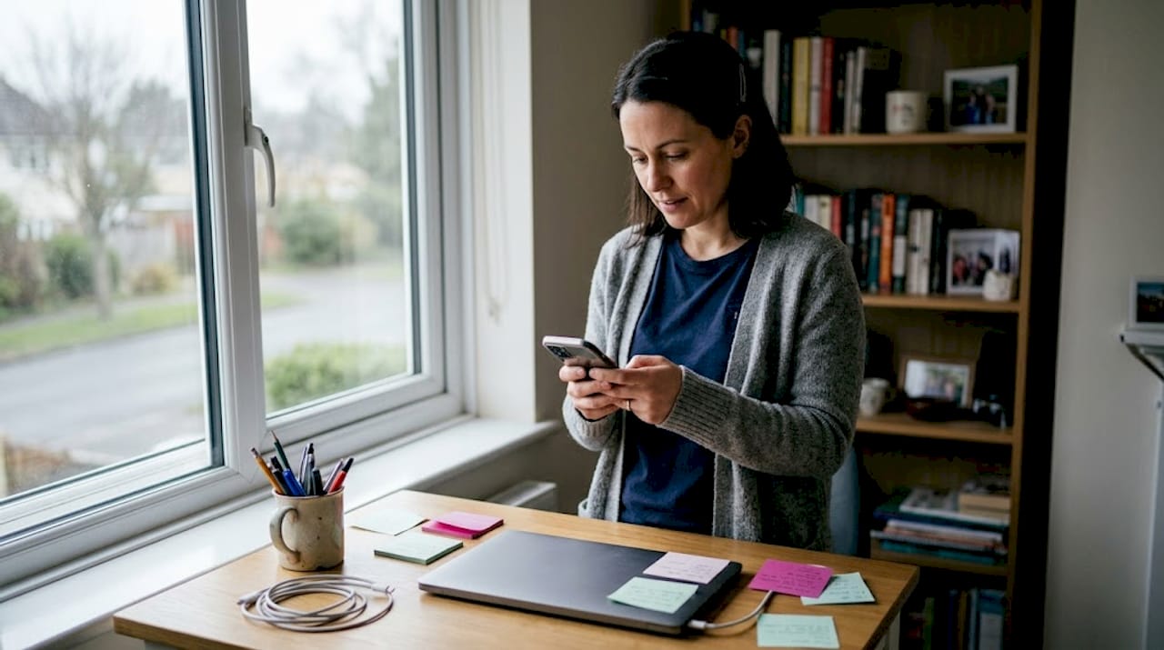 E-commerce manager reviews mobile site at desk
