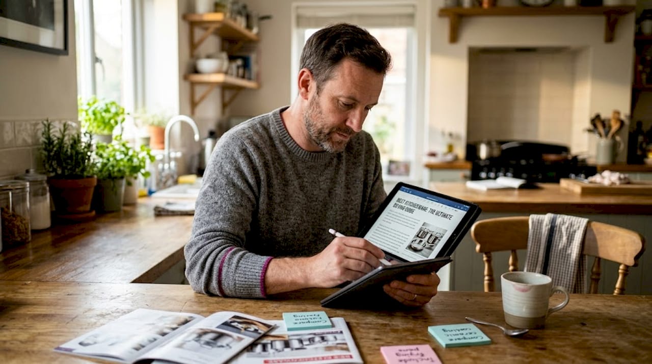 Man editing kitchenware content on tablet in kitchen