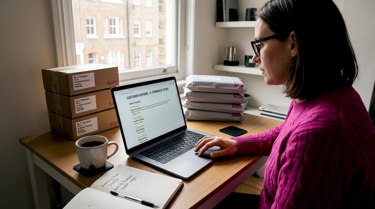 E-commerce owner reading online customer reviews