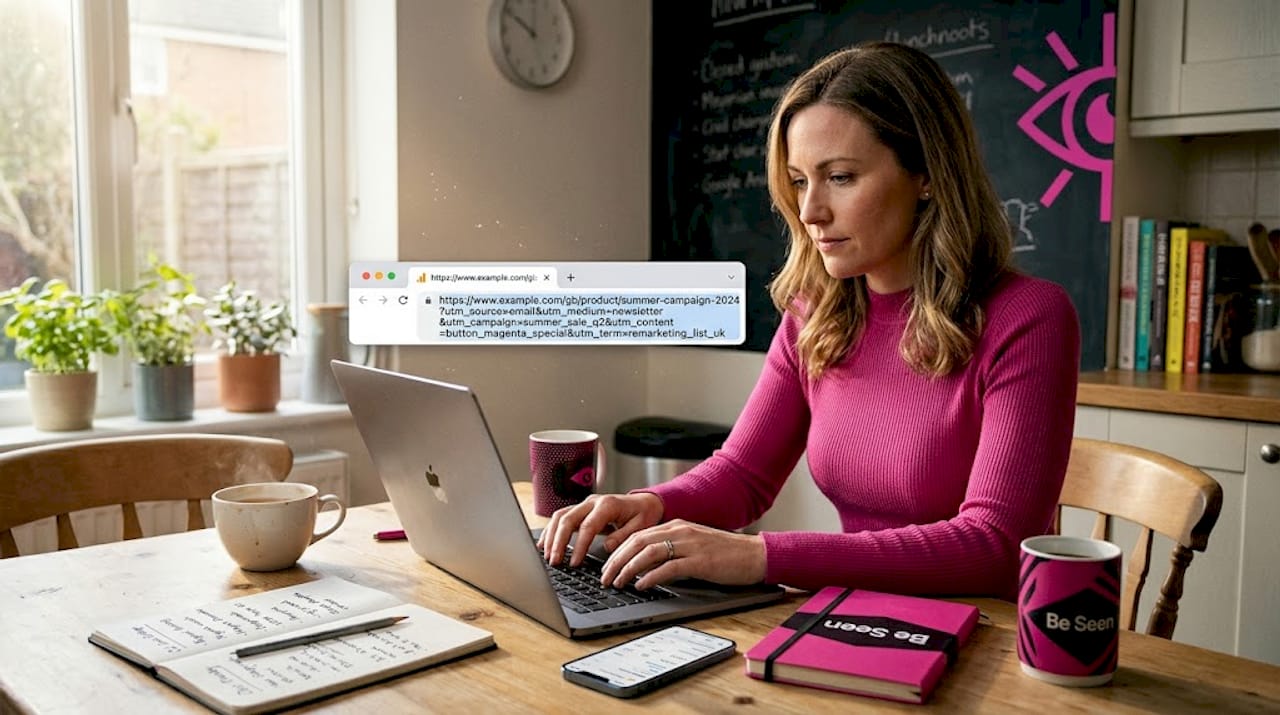 Marketing manager setting UTM tags at kitchen table