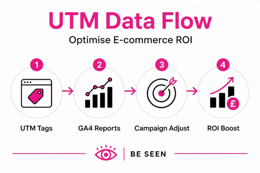 Infographic shows utm process steps for ecommerce roi
