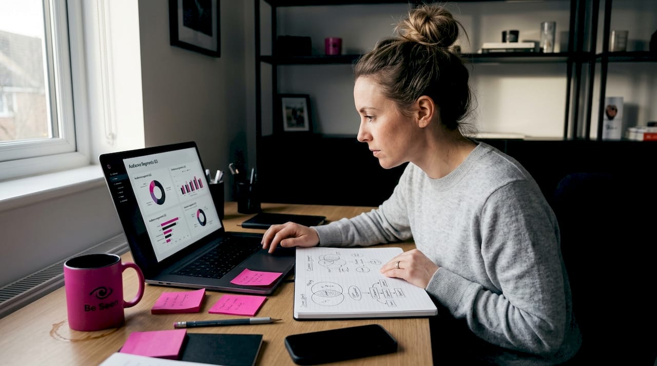 Manager reviewing audience data at desk