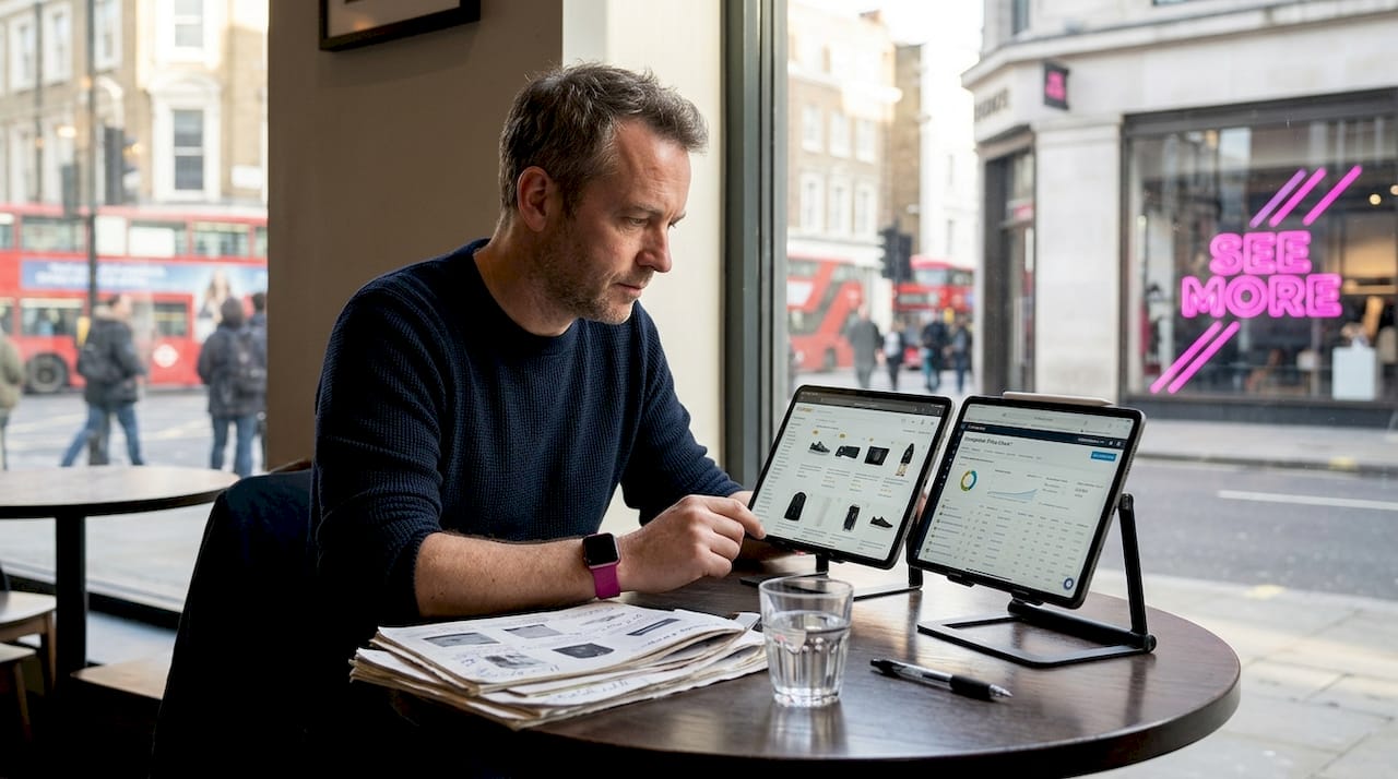 Man compares product range at café table