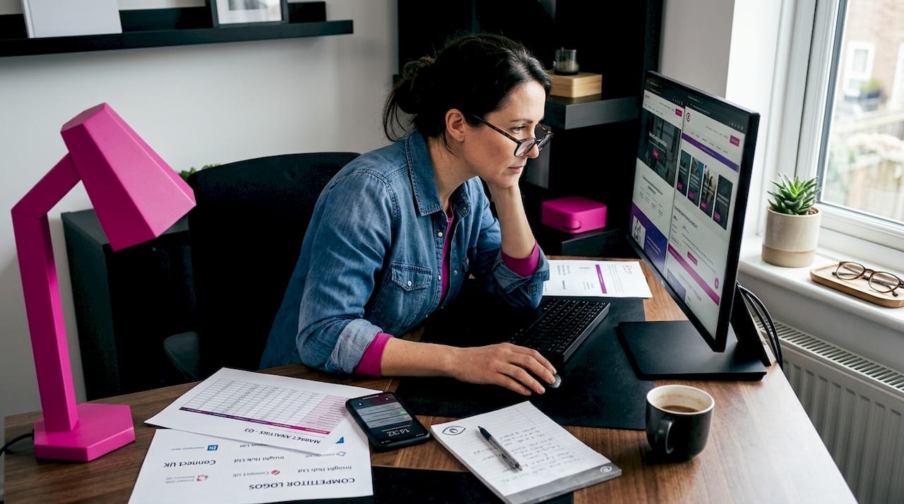 Woman researching competitors at home office desk