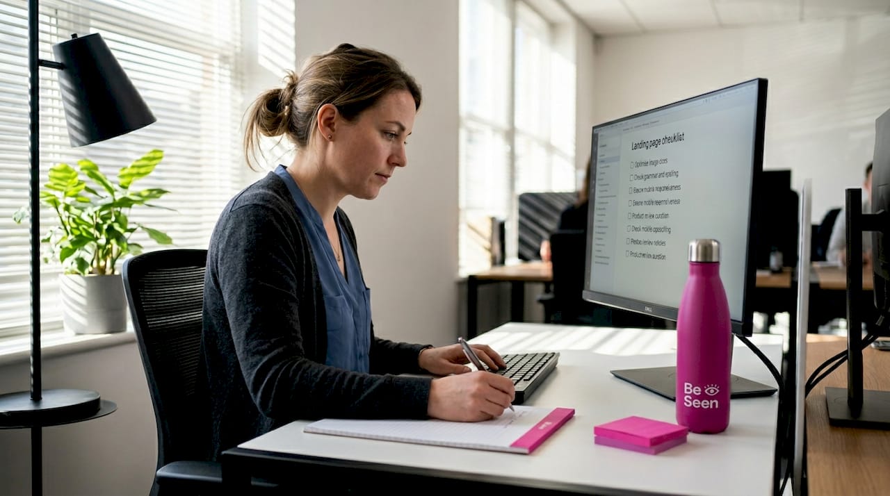 E-commerce manager reviewing landing page checklist