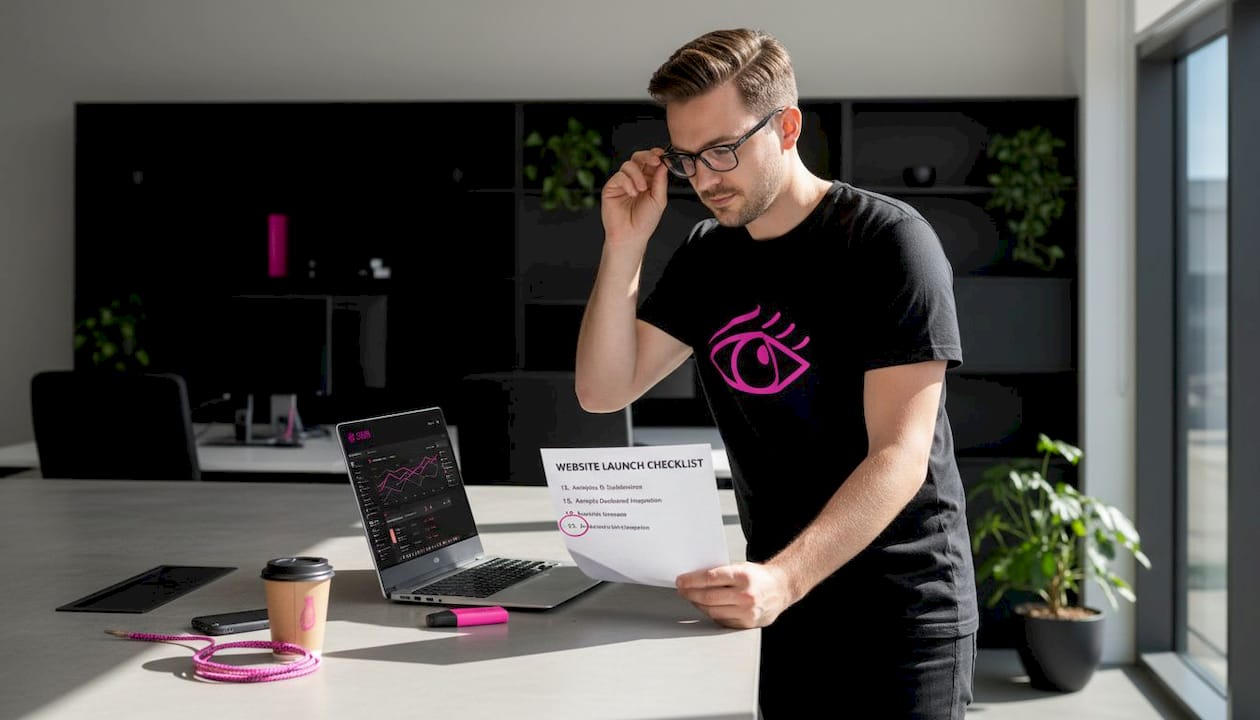 Marketing assistant checks website checklist before campaign