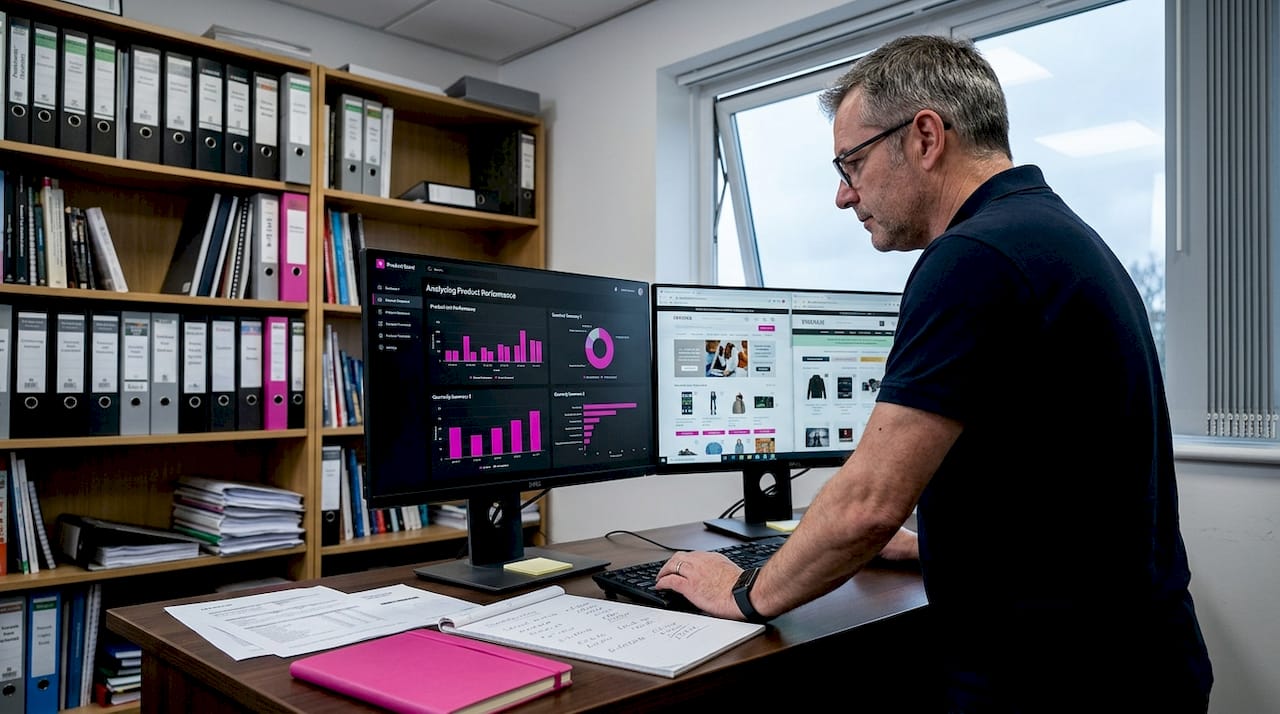 Retail manager reviewing online product pricing