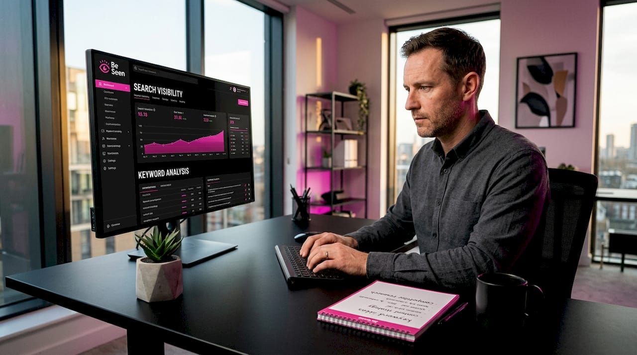Ecommerce professional researching SEO strategy at desk