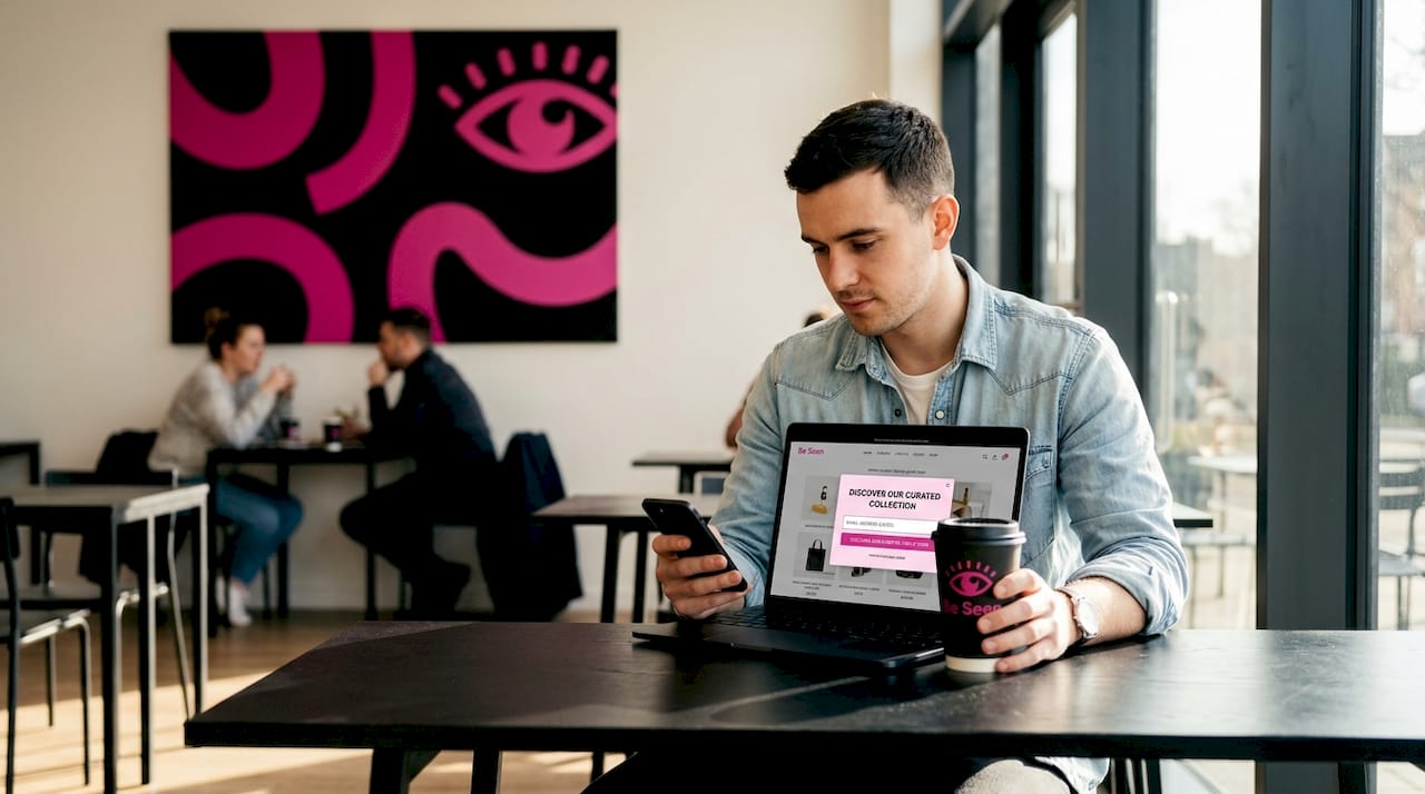 Man views pop-up opt-in form in workspace