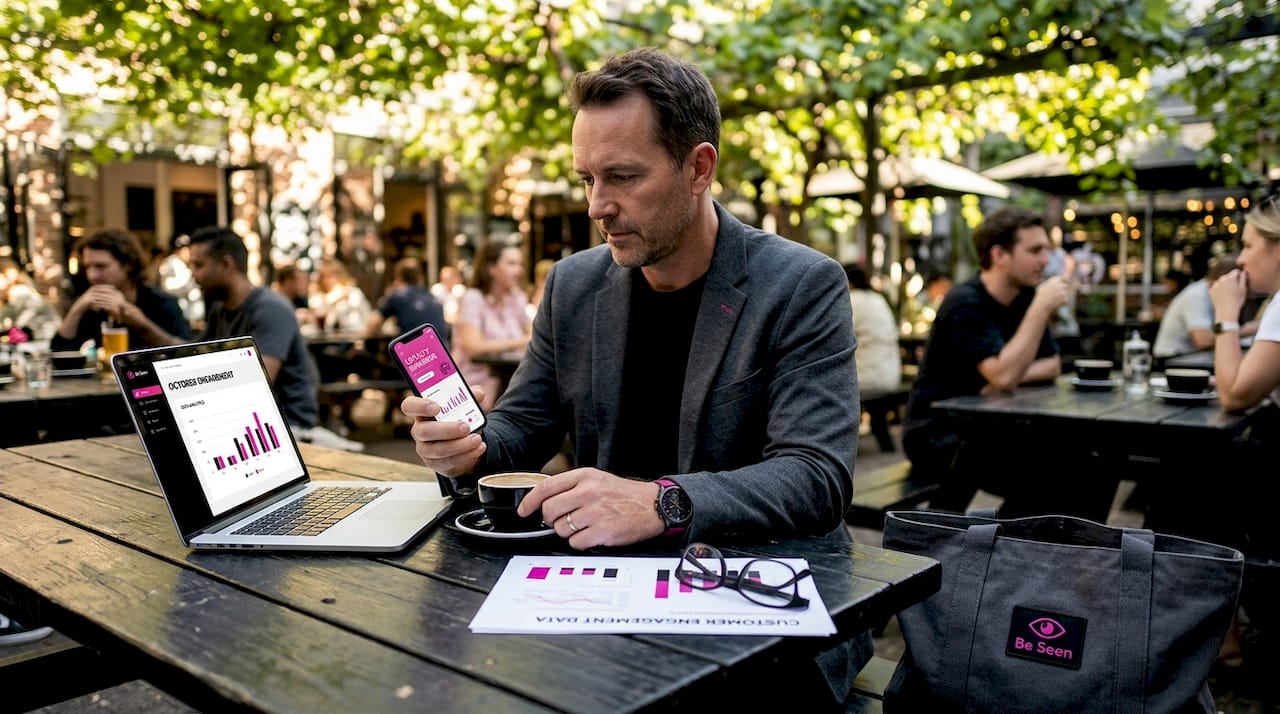 Manager checks loyalty app at café table