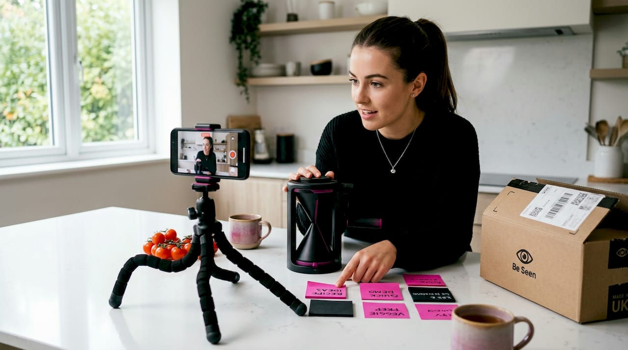 Influencer records product demo at kitchen table