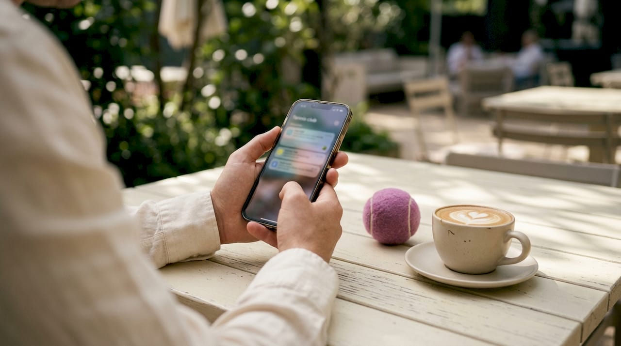 Hands using tennis club waitlist app on smartphone