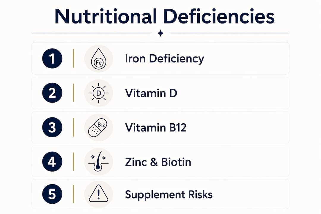 Infographic summarizing key nutritional deficiencies causing hair loss