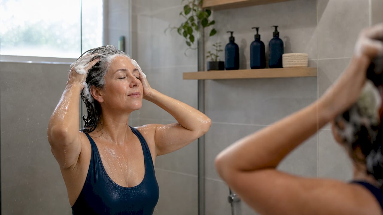 Woman shampooing scalp gently in shower